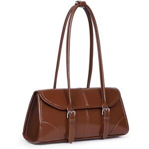 Women's Brown Faux Leather Tote Bag Small Shoulder Handbag Purse